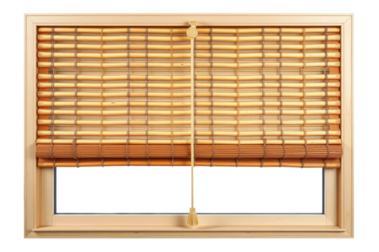 A bamboo window blind with natural light filtering through isolated on a transparent background