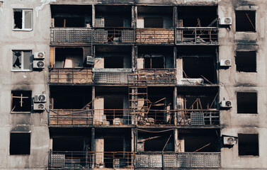destroyed and burned houses in the city in Ukraine