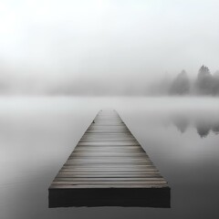 Obraz premium Foggy Lake Pier Extending into Mystical Waters