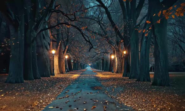 A tranquil pathway is surrounded by tall trees, their leaves just starting to fall. Streetlamps cast a warm glow, creating a peaceful atmosphere during a quiet autumn night.