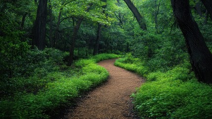 Obraz premium Serene winding trail through lush verdant forest with captivating greenery