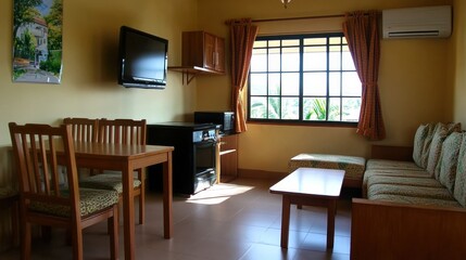 Compact living room setup with air conditioner above window and light wooden furniture