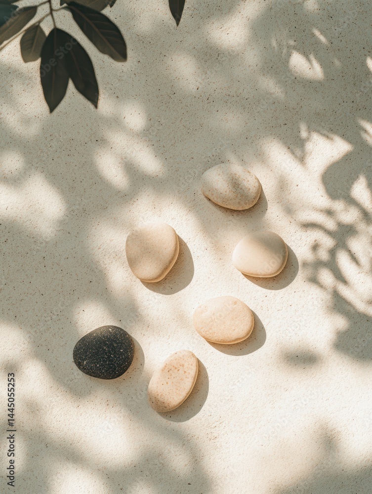 Aufkleber zen still life composition of beach stones and leaf shadows creating calming scene from above
