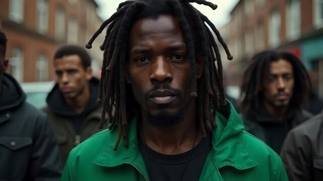 Black African American with dreadlocks with his gang on the streets