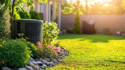 Condenser unit surrounded by stones and plants in a well-kept residential backyard under sunlight