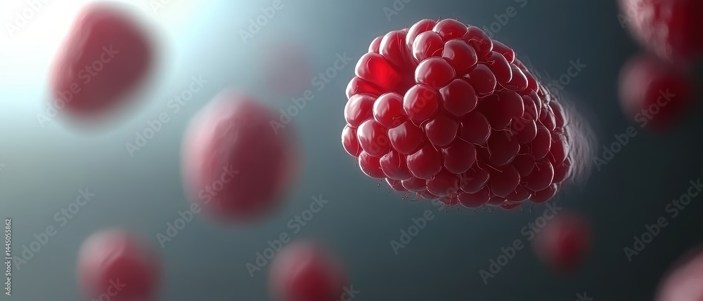 Aufkleber Floating ripe raspberry delight on a soft gray canvas closeup rendering with bokeh effect and depth of field