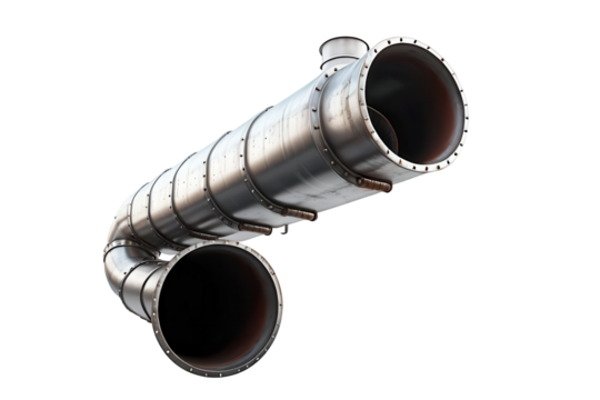 A large metal pipe with bolted sections and connections isolated on a transparent background