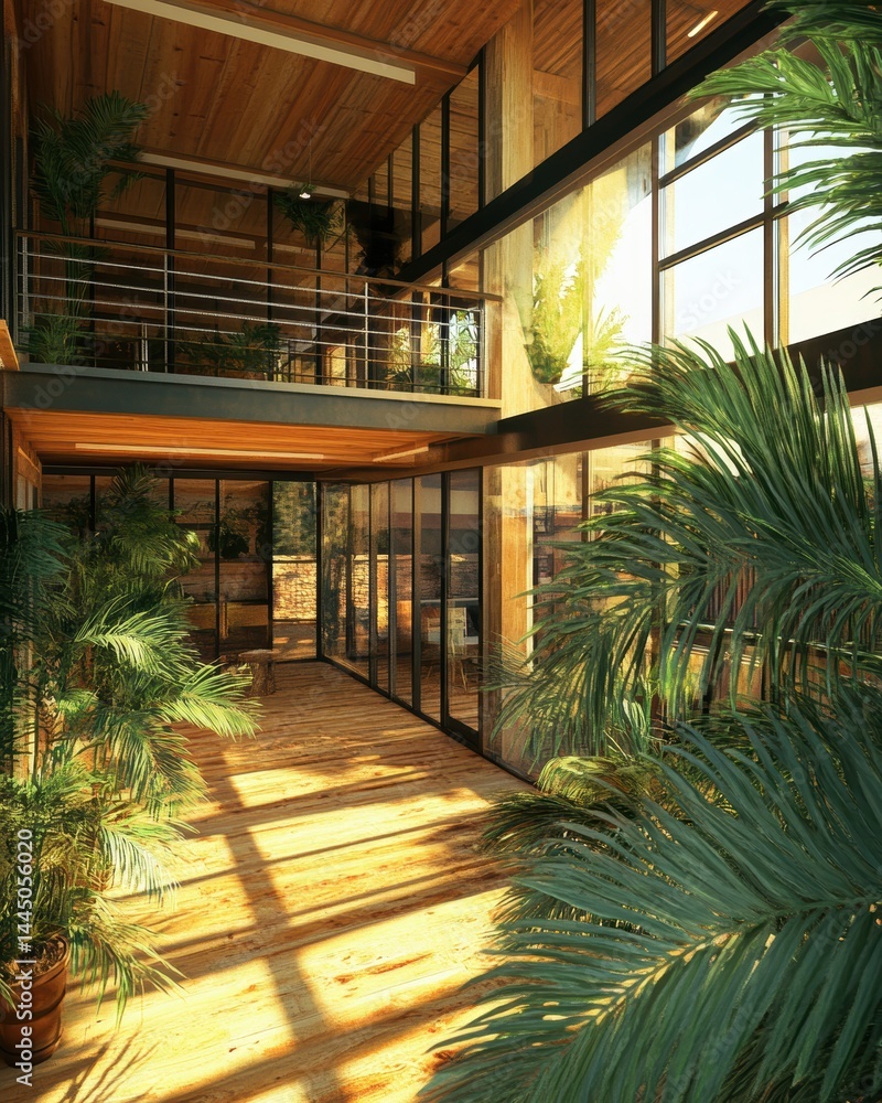 Aufkleber bright sunlight illuminating a modern atrium with wooden floor and palm plants creating a serene ind