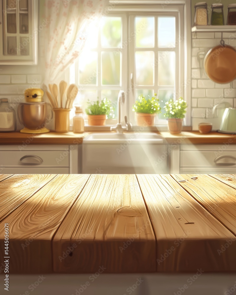 Poster Rustic Kitchen Scene with Wooden Countertop in Foreground Sunny Window and Appliances Create Warmth
