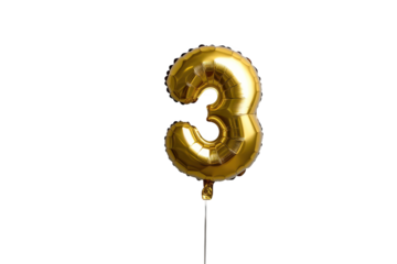 Golden balloon in the shape of number three floating on a transparent background