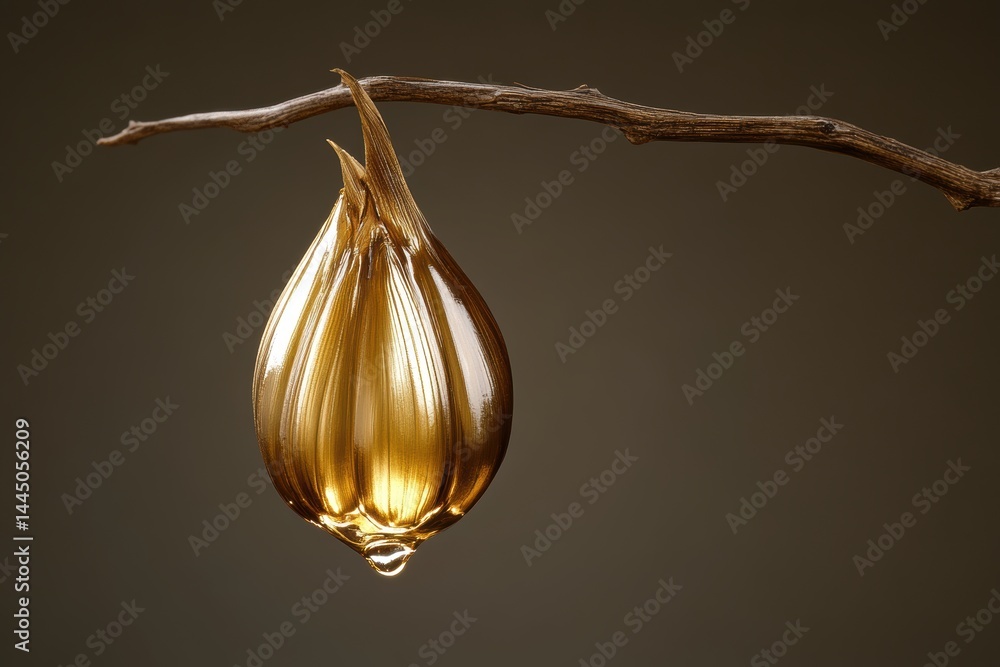 Poster golden seed pod drops a single tear hanging from tree branch on a neutral blackground for stock phot
