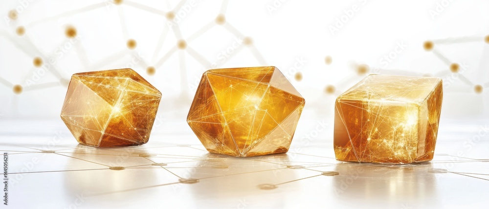 Poster Golden Icosahedron Dodecahedron Cube Trio Reflecting on Shiny Floor Connection Background Design Element