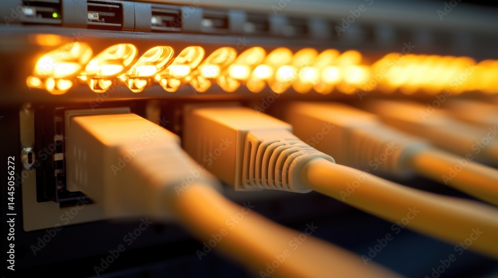 Fototapete Server connection with data flowing through network cables on server hub background in warm orange tones