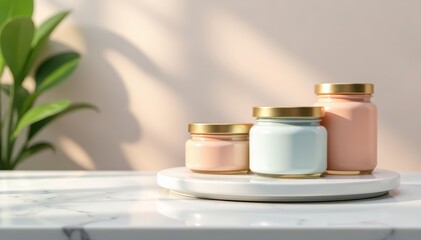 Pastel jars with golden lids on a marble table with soft lighting, jars, soft lighting, lids
