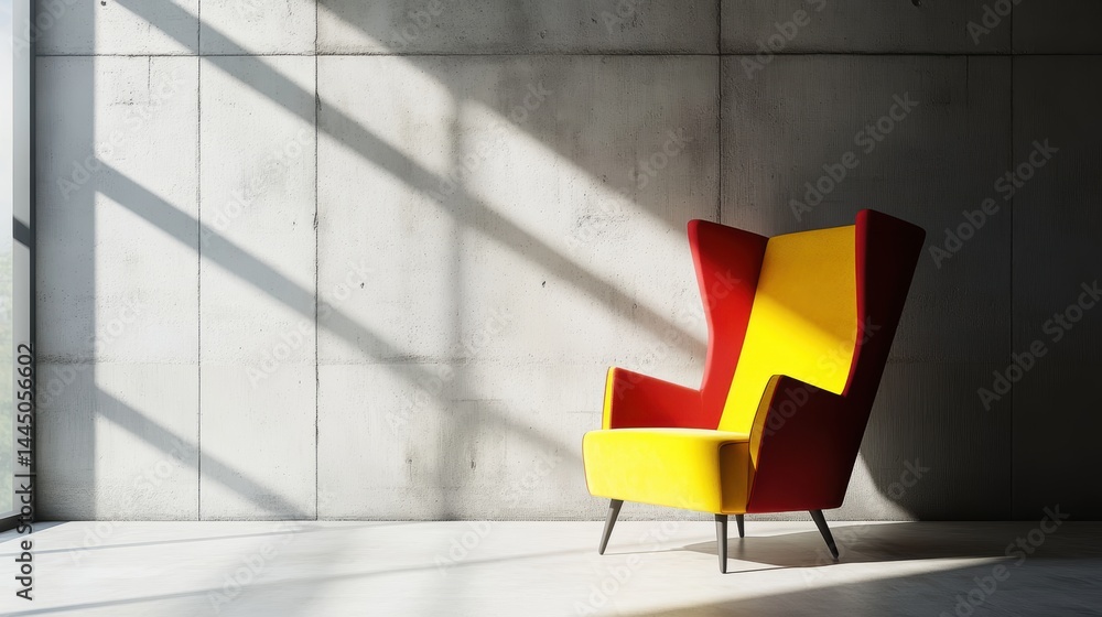 Aufkleber red and yellow accent chair against a concrete wall with sunlight creating a modern atmosphere