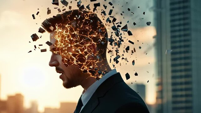 Surreal scene of a businessman's head exploding into small pieces, symbolizing stress, burnout, and mental health challenges in a demanding urban environment
