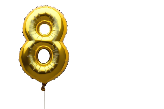 Shiny golden balloon in the shape of number eight floating with transparent background