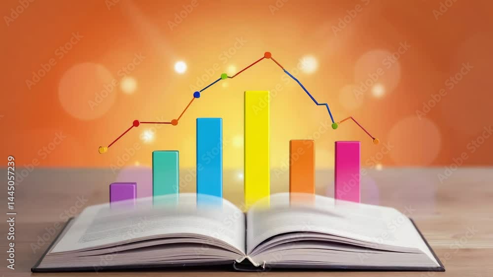 Poster an open book with colorful bar and line graphs emerging from its pages against an orange background.