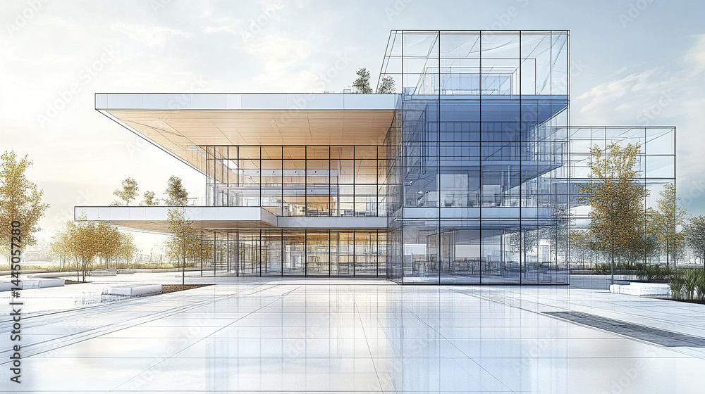 Poster modern architectural design featuring glass building with multiple levels and greenery