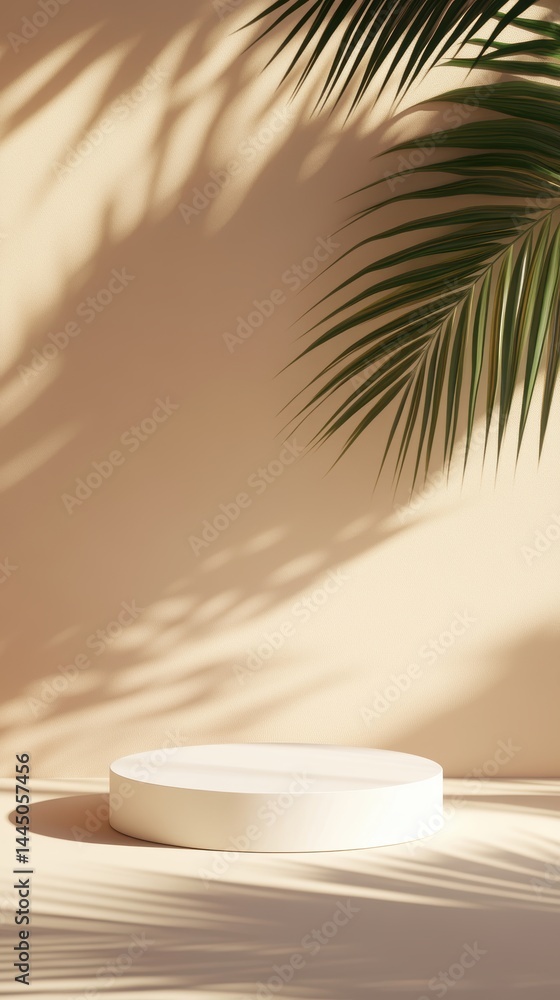 Aufkleber minimalist product display beige studio with tropical palm leaf shadows and stage circle platform