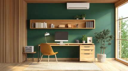Cozy home office with air purifier near desk and air conditioner controlling temperature overhead