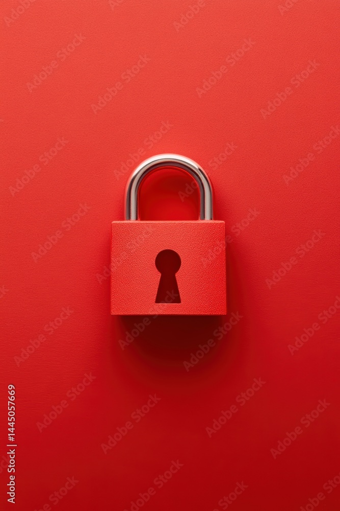 Poster Vivid Red Padlock Centered on Matching Surface Represents Security Safety and Protection Concept Macro