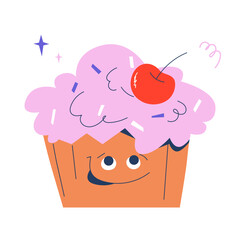 Funny cupcake with cherry and eyes. Cute cartoon dessert illustration for kids design, sweets menu, or party decor