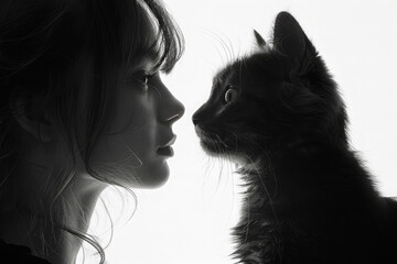 A young woman and a black cat look at each other close-up, exchanging deep glances that reflect trust, connection and the special bond between humans and animals. Black and white image