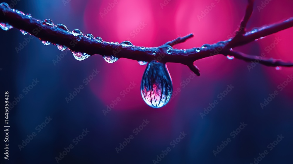 Poster droplet on branch with colorful bokeh background at twilight