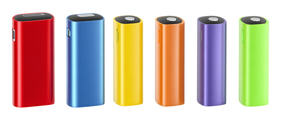 A lineup of six colorful portable power bank battery packs for electronic devices presented in a row isolated on transparent background.