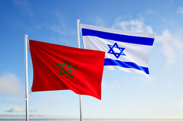 flags of morocco and israel over blue sky background.