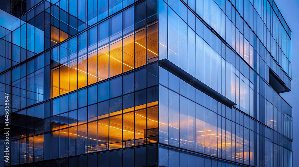 Poster modern business building at dusk with window reflections creating serene atmosphere