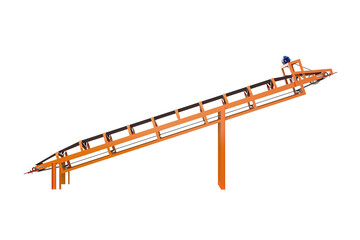 Inclined Industrial Belt Conveyor System for Material Handling, Angled Belt Conveyor System with Motor and Rollers for Industrial Logistics Isolated on a Neutral Background