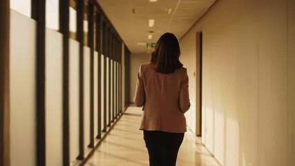 Slow motion video shot of relaxed Argentine businesswoman in late 20s carrying digital tablet in hallway of modern
