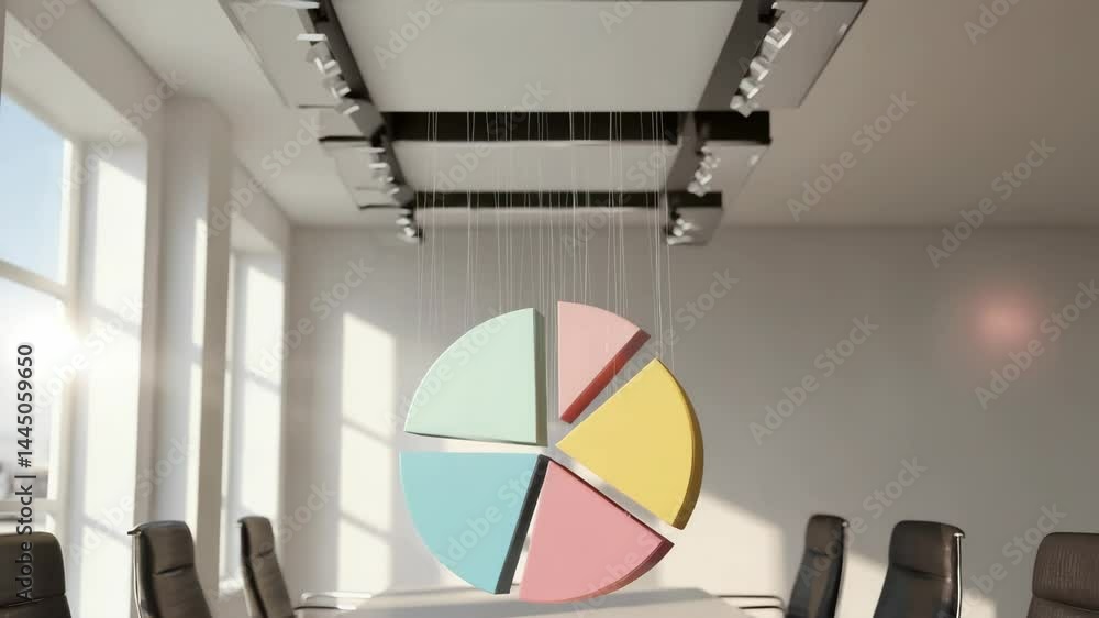 Aufkleber a colorful 3d pie chart is suspended by strings above a conference table in a modern office meeting 