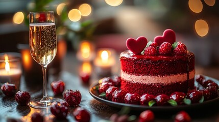A close-up of a red velvet cake with heart-shaped decorations and a glass of champagne, set on a table decorated with candles and flowers for a romantic Valentine's Day celebration