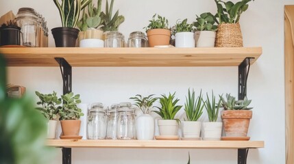 Environmentally conscious home interior with energy-saving AC above light wood shelving