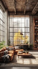 This open-plan loft features tall ceilings and sizable windows, showcasing a blend of vintage and industrial decor. Natural light floods the space, creating a warm and inviting atmosphere