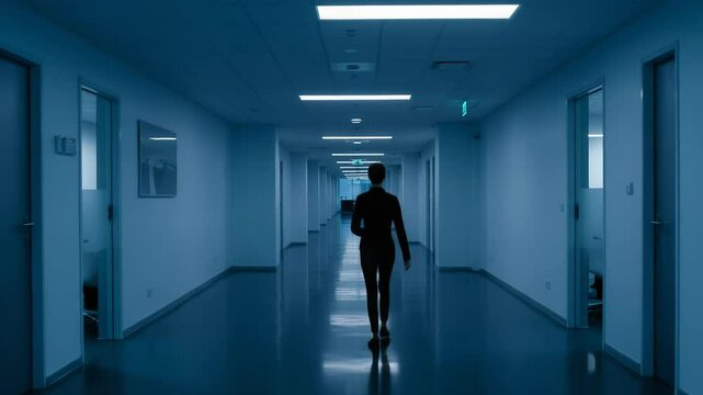 Empty Office Hallway with Doors and Lit Ceiling Perfect for B-Roll