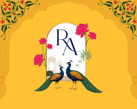 Royal wedding logo with RA monogram, peacocks beneath arch, Lotus and vibrant yellow traditional background 