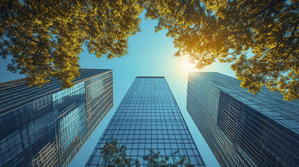 Modern urban highrises with blue glass facades and vibrant green trees create stunning view