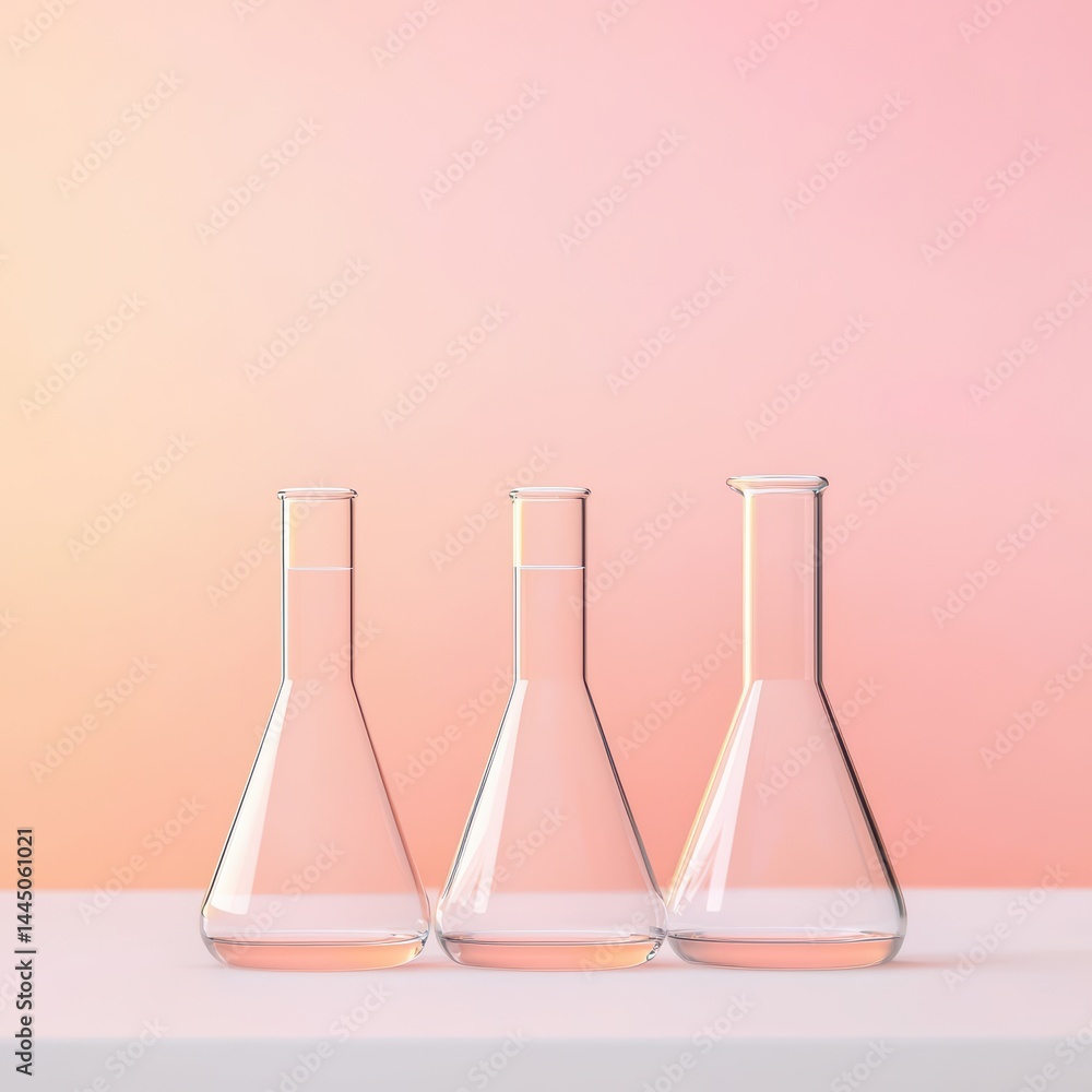 Poster clear glass lab flasks on pink gradient background for experiments