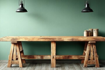 Minimalist wooden desk with warm ambient lighting against a soothing green wall background