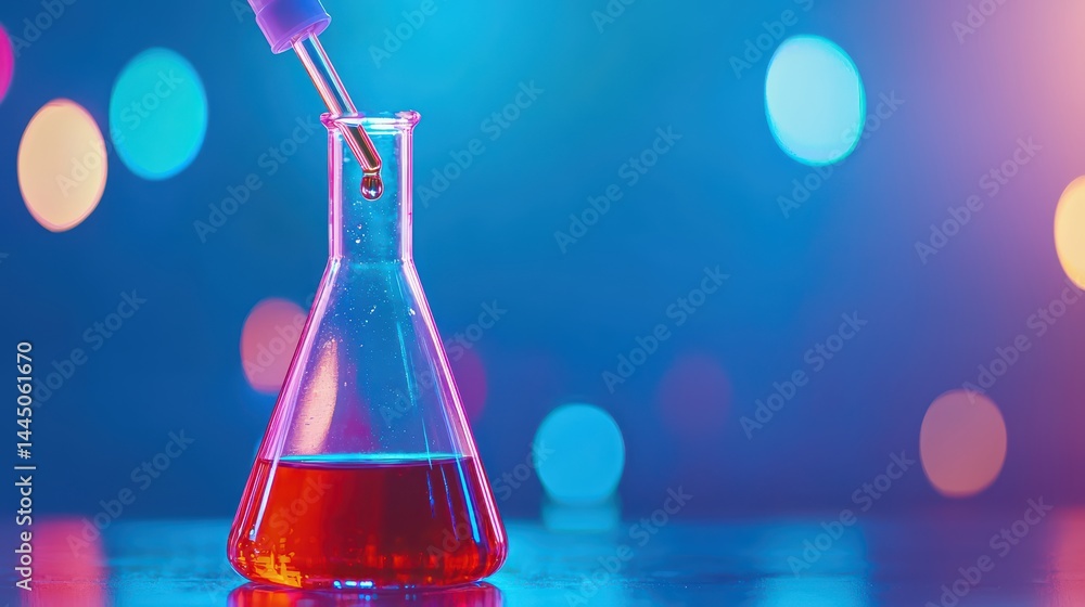 Poster colorful laboratory flask with droplet and abstract bokeh background