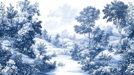 Elegant blue and white toile pattern intricate pastoral scenes delicate brushwork classic french country aesthetic