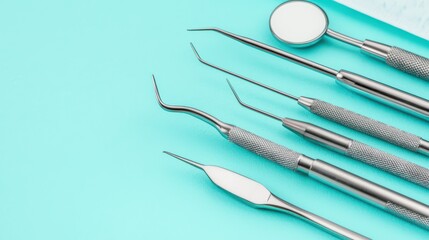 Professional Dental Tools on Aquamarine Background for Healthcare