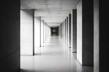 Abstract Long Concrete Hallway Perspective with Repetitive Columns & Reflective Floor