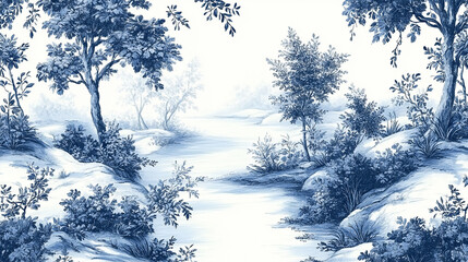 Elegant blue and white toile pattern intricate pastoral scenes delicate brushwork classic french country aesthetic