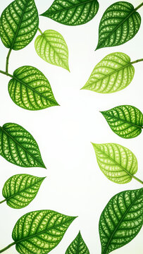 A stunning arrangement of vibrant green leaves, each featuring intricate patterns and fine veins, set against a white background for a striking contrast.