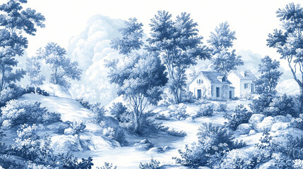Elegant blue and white toile pattern intricate pastoral scenes delicate brushwork classic french country aesthetic